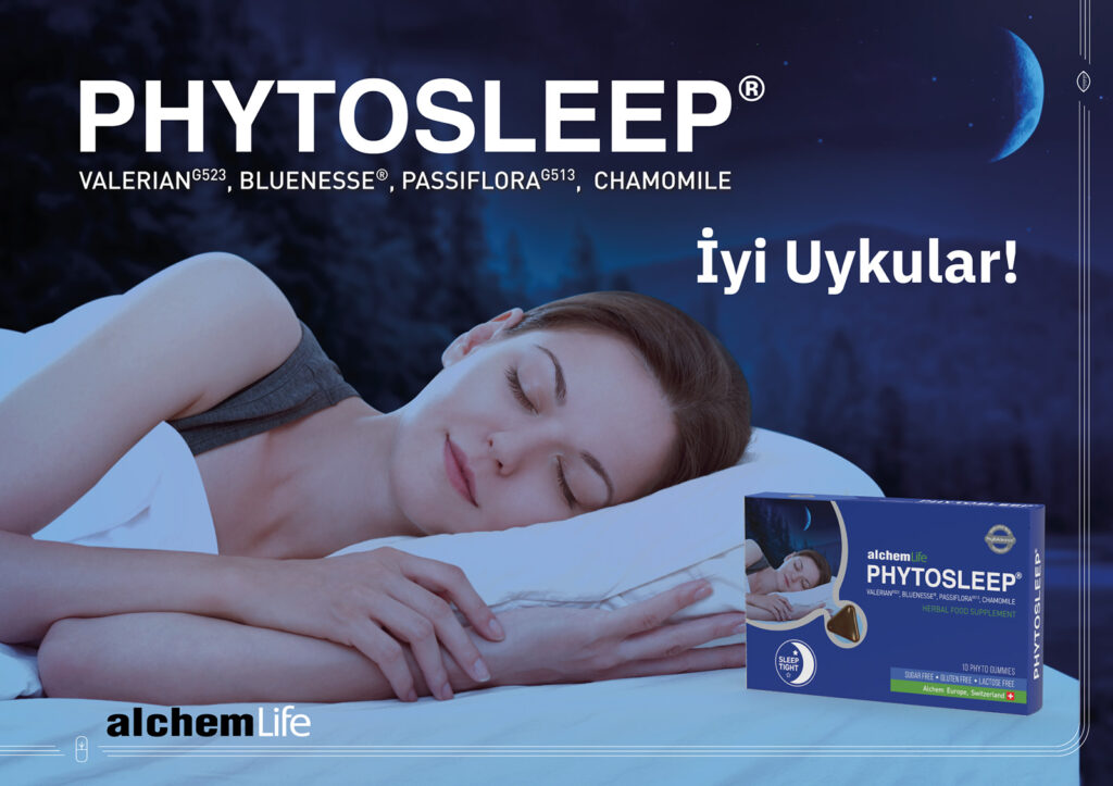 Uyku düzenini doğal olarak desteklemek üzere tasarlanmış Phytosleep ürününün içeriğinde standardize bitkisel bileşenler (Kediotu, Melisa, Pasiflora ve Papatya) var